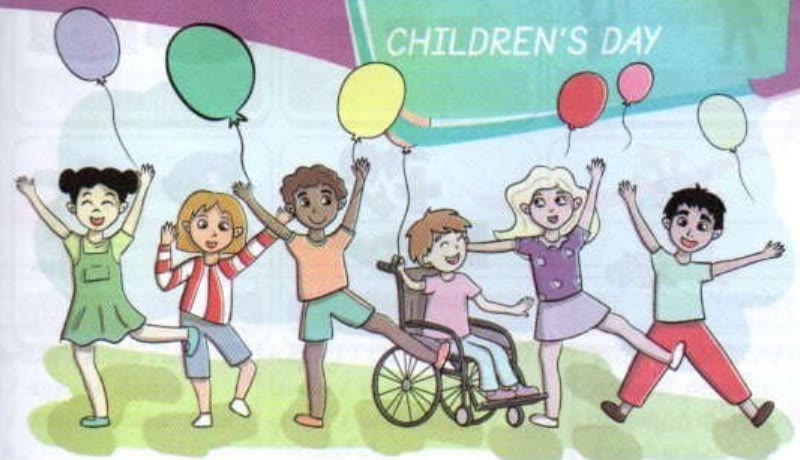 Six happy children dancing with balloons, one of them in a wheelchair